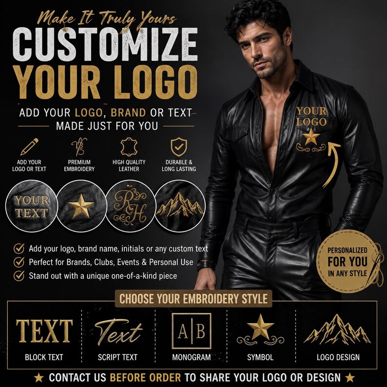 Op de afbeelding: Een zwart leren overhemd met aanpasbare borduuropties. De afbeelding toont tekst waaronder CUSTOMIZE YOUR LOGO, ADD YOUR LOGO, BRAND OR TEXT en CHOOSE YOUR EMBROIDERY STYLE, samen met voorbeelden van bloktekst, script, monogrammen en symbolen.