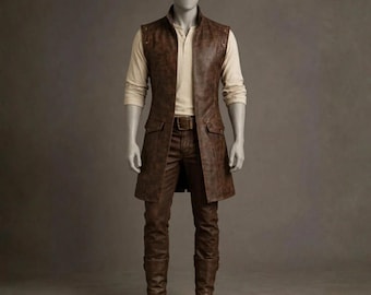 Brown Genuine Leather Long Vest Sleeveless Duster Coat Viking Ranger Medieval Cosplay Costume Armor Vest Custom Fit Size
