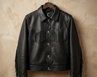 Handmade Black Leather Fringe Jacket for Men and Women, Western Cowboy Fringe Jacket, Genuine Leather, Custom Size, Biker Festival Gift