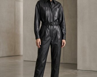 Custom Black Leather Catsuit Womens Leather Jumpsuit Long Sleeve Biker Romper Belted Overalls Cosplay Streetwear Outfit