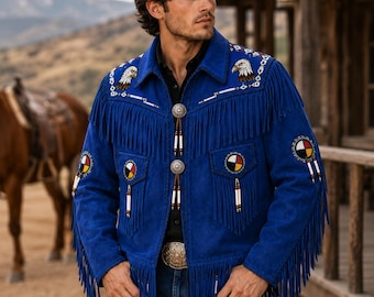 Men's Blue Suede Western Fringe Jacket, Handmade Custom Cowboy Rodeo Wear with Eagle Embroidery & Beaded Details