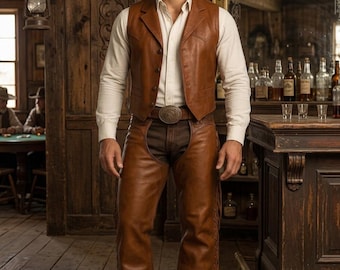 Custom Leather Chaps and Vest Set, Handmade Western Cowboy Outfit for Men, Personalized Saloon Style Leather Set