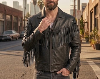 Mens Black Leather Fringe Jacket, Handmade Western Biker Jacket with Snap Buttons, Custom Cowboy Rocker Motorcycle Coat Gift