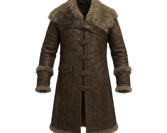 Distressed Brown Leather Viking Coat Fur Shearling Collar Trim Long Trench Coat Warrior Cosplay Costume Winter Jacket Custom Fit Size