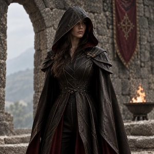 May include: A dark brown leather hooded cloak featuring structured shoulder panels, a fitted bodice with visible stitching, and a deep red inner lining. The garment includes a waist belt with metallic accents and a long, flowing cape design.