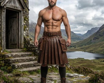 Brown Genuine Leather Pleated Kilt For Men Utility Kilt Detachable Pockets Scottish Highland Festival Outfit Costume Size
