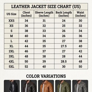 Op de afbeelding: Een maattabel voor leren jassen met de titel THREADS TX, met Amerikaanse maten van XXS tot 5XL en de bijbehorende maten voor borst, mouw, ruglengte en taille in inches. Hieronder staan vijf kleurvarianten: zwart, bruin, cognac, olijfgroen en distressed grijs.
