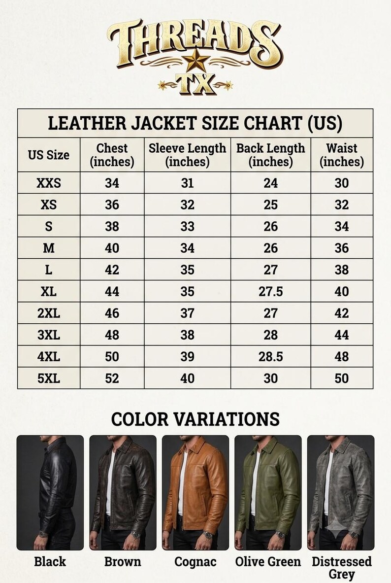 Op de afbeelding: Een maattabel voor leren jassen met de titel THREADS TX, met Amerikaanse maten van XXS tot 5XL en de bijbehorende maten voor borst, mouw, ruglengte en taille in inches. Hieronder staan vijf kleurvarianten: zwart, bruin, cognac, olijfgroen en distressed grijs.