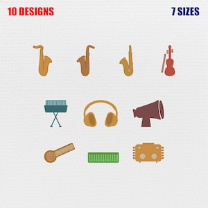 May include: A digital collection of 10 designs in 7 sizes featuring musical icons: three saxophones, a violin with bow, a keyboard on a stand, headphones, a megaphone, a microphone, a harmonica, and a radio. The icons are rendered in flat colours.