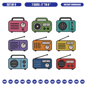 May include: A digital collection of nine colorful radio icons in pink, green, teal, purple, orange, yellow, light blue, dark blue, and red. The text reads SET OF 9, 7 SIZES : 2" TO 8 ", INSTANT DOWNLOAD, and various file format abbreviations.