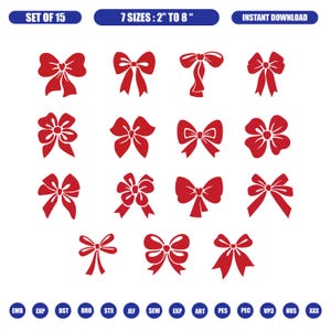 Puede incluir: Un conjunto de 15 diseños de bordado digital de lazos rojos en 7 tamaños de 5,08 cm a 20,32 cm. La colección incluye varios estilos de cinta y configuraciones de nudos. La fila inferior muestra formatos de archivo como EMB, EXP, DST, BRO, STX, JEF, SEW, ART, PES, PEC, VP3, HUS y XXX.