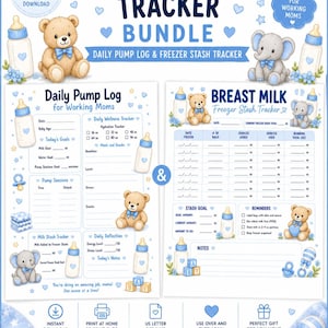 Può includere: Un pacchetto di monitoraggio dell'allattamento stampabile che include un registro giornaliero di estrazione e un tracker per le scorte nel congelatore. Il design presenta biberon blu, orsacchiotti ed elefanti. Il testo include Breastfeeding Tracker Bundle, Daily Pump Log e Breast Milk Freezer Stash Tracker.