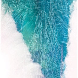 May include: A white line drawing of a city skyline with tall buildings and a bridge, superimposed over a blue and green watercolor background.