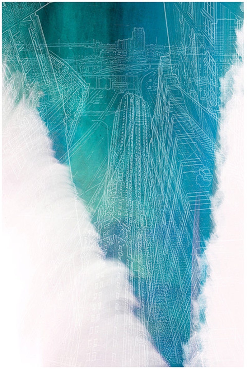 May include: A white line drawing of a city skyline with tall buildings and a bridge, superimposed over a blue and green watercolor background.