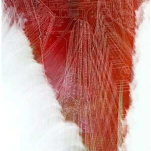 May include: A white line drawing of a city skyline with tall buildings and a highway, superimposed over a red watercolor background.