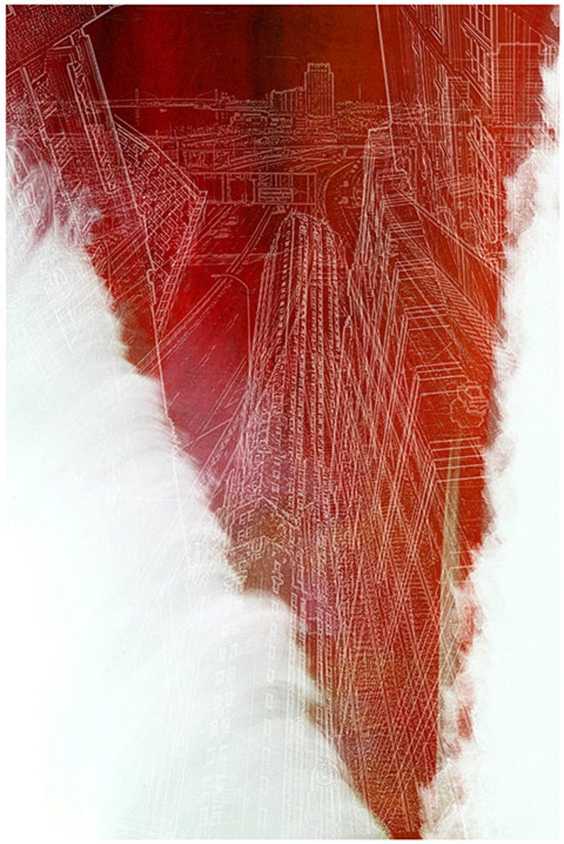 May include: A white line drawing of a city skyline with tall buildings and a highway, superimposed over a red watercolor background.