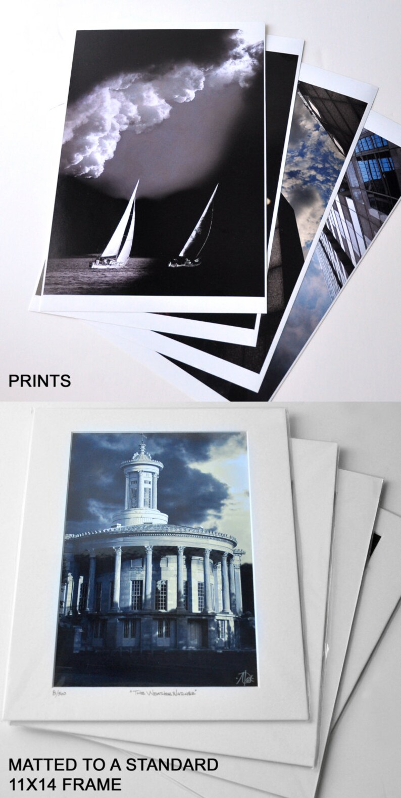 May include: A set of four prints, each matted to a standard 11x14 frame. The prints are black and white and feature a variety of subjects, including a sailboat, a building, and a cityscape. The prints are all matted in white.