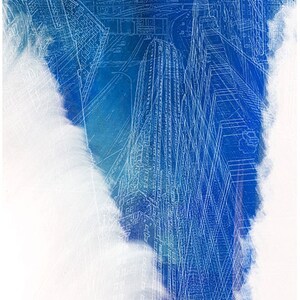 May include: A watercolor painting of a city skyline with white outlines of buildings and a blue background. The painting has a faded, vintage look.