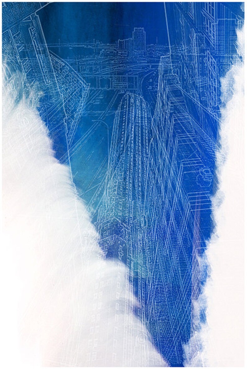 May include: A watercolor painting of a city skyline with white outlines of buildings and a blue background. The painting has a faded, vintage look.