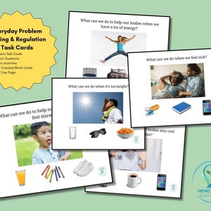 May include: A set of Everyday Problem Solving & Regulation Task Cards featuring 15 scenario cards with questions and images. Each card displays a situation, such as feeling sick or thirsty, with related visual icons like glasses, food, and drinks.