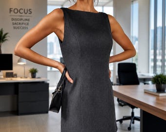 Women’s Black Sleeveless Sheath Mini Dress | Elegant Office Shift Dress | Minimalist Work-wear