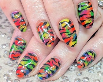 Rainbow Tiger Stripe Press Ons | Neon Animal Print Medium Almond Nails