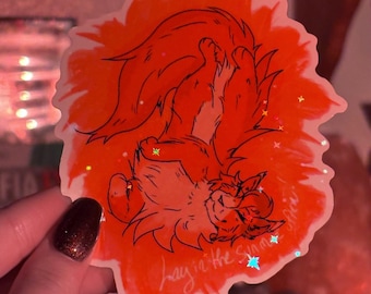 Pegatina de vinilo holográfica de gatito guerrero, calcomanía para portátil con forma de estrella