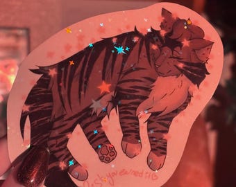 Pegatina de vinilo holográfica de gatito guerrero dormilón, calcomanía para portátil con forma de estrella