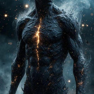 May include: A dark, textured humanoid figure with glowing orange eyes and a central vertical fissure emitting bright golden light. The body appears composed of charred, volcanic rock material surrounded by swirling smoke and floating golden sparks.