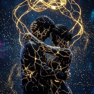 May include: Two figures standing in an embrace, their bodies covered in a dark, cracked texture with glowing golden light emanating from within the fissures. Above them, a complex, glowing golden orbital structure floats against a dark background.