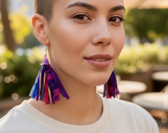 Purple Tassel Earrings, Sari Ribbon Boho Jewelry, Wabi Sabi Wearable Art