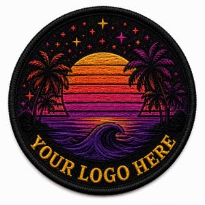 May include: A circular embroidered patch featuring a sunset scene with palm trees, ocean waves, and a starry sky. The design transitions from orange to purple colours. The text "YOUR LOGO HERE" is stitched in gold thread along the bottom edge.
