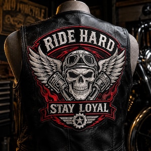 May include: A black leather vest featuring a large embroidered back patch. The design displays a skull wearing goggles, flanked by wings and engine pistons. The text RIDE HARD is arched above, and STAY LOYAL is printed below with a star gear emblem.
