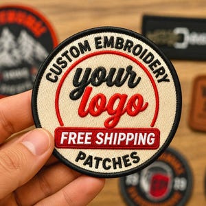 Può includere: Una toppa ricamata circolare con sfondo color crema e bordo nero. Il testo recita CUSTOM EMBROIDERY, your logo, FREE SHIPPING e PATCHES. Le parole your logo sono in rosso, mentre il resto del testo è in nero.