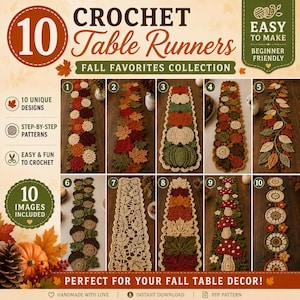 May include: A digital collection of 10 crochet table runner patterns featuring fall-themed designs. The image displays 10 numbered examples including pumpkins, autumn leaves, acorns, and mushrooms in shades of orange, brown, green, and cream.