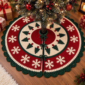 Peut inclure: Une jupe de sapin de Noël circulaire en crochet avec un centre et une bordure rouge foncé, séparés par une bande crème. Le motif présente des sapins vert foncé, des flocons de neige blancs et un bord festonné vert foncé.