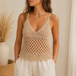 Beige Crochet Tank Top, Boho Summer Knit Top, Handmade Lace Crop Top, Beach Festival Cami, Cotton Crochet Top