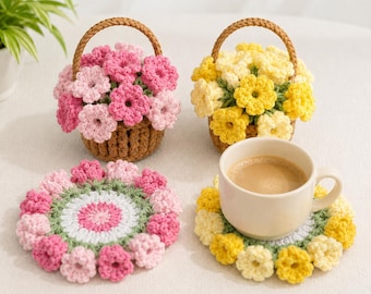 Posavasos de flores de ganchillo hecho a mano, salvamanteles floral, mini cesta de flores de ganchillo, decoración de escritorio estilo cottagecore, regalo para amantes del té.