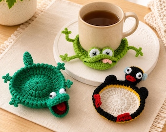 Funny Crochet Animal Coaster, Frog Crocodile Penguin Mug Coaster, Handmade Cute Cup Holder, Quirky Housewarming Coffee Lover Gift