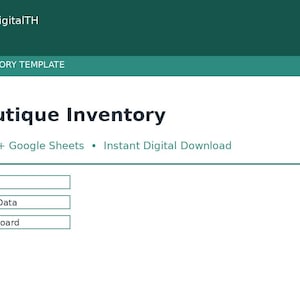 Könnte beinhalten: Eine digitale Boutique-Inventarvorlage mit einem dunkelgrünen Header, der den Text ManiDigitalTH und INVENTORY TEMPLATE enthält. Die weiße Seite zeigt den Titel Boutique Inventory, Excel + Google Sheets sowie Schaltflächen für Setup, Log / Data und Dashboard.