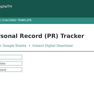 Może przedstawiać: Cyfrowy szablon treningu fitness zatytułowany Personal Record (PR) Tracker od ManiDigitalTH. Interfejs zawiera sekcje Setup, Log / Data oraz Dashboard, kompatybilny z programami Excel i Google Sheets jako natychmiastowe pobranie cyfrowe.