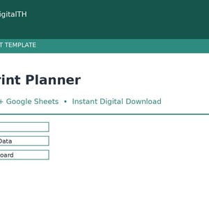 May include: A digital Sprint Planner project template for Excel and Google Sheets. The interface features a dark green header with the text ManiDigitalTH and PROJECT TEMPLATE. Below, it lists Setup, Log / Data, and Dashboard navigation buttons.