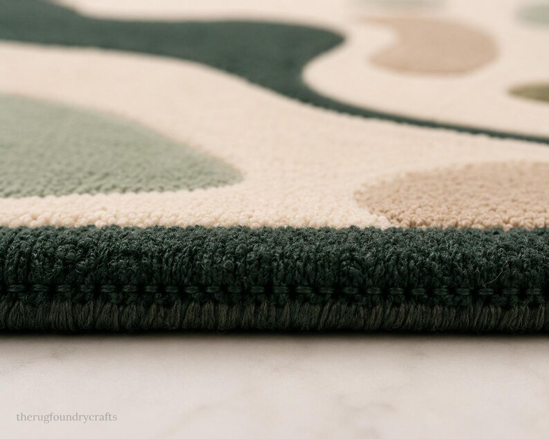 Hand Tufted Abstract Rug Cream Dark Green Area Rug Wavy Curve Carpet ...