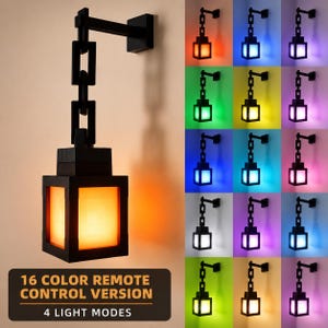 May include: A wall-mounted lantern with a black frame and a chain-link arm. The lantern features a square light housing that emits various colours. Text on the image reads: 16 COLOR REMOTE CONTROL VERSION, 4 LIGHT MODES. The grid shows 16 colour options.