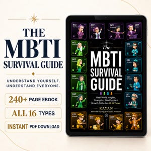 Puede incluir: Una tableta digital muestra la portada de The MBTI Survival Guide, un libro electrónico con dieciséis personajes ilustrados de tipos de personalidad en una cuadrícula. El texto incluye el título, subtítulo y el autor Rayan, con texto a la izquierda.