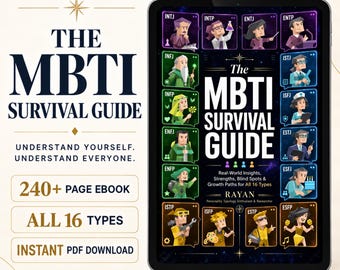 May include: A digital tablet displaying the cover of The MBTI Survival Guide, an ebook featuring sixteen illustrated character icons representing personality types, with the title and subtitle text clearly visible on the screen.