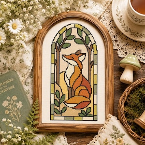 Padrão de Ponto Cruz de Raposa: PDF de Bordado em Vitral com Tema de Floresta, Decoração Campestre Rústica