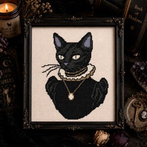 May include: A cross-stitch embroidery of a black cat wearing a white ruffled collar and a gold necklace with a pendant, set against a cream-colored fabric background and enclosed in a decorative black ornate frame with intricate carved details.