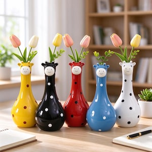 May include: Five ceramic giraffe-shaped vases in yellow, black, red, blue, and white, each featuring a long neck, a smiling face, and polka dot patterns. Each vase holds artificial tulips in shades of pink, yellow, and white with green leaves.