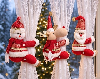 Christmas Curtain Tiebacks Hugging Santa Snowman Reindeer Plush Curtain Buckle Fastener Xmas Window Holdback Home Holiday Decor
